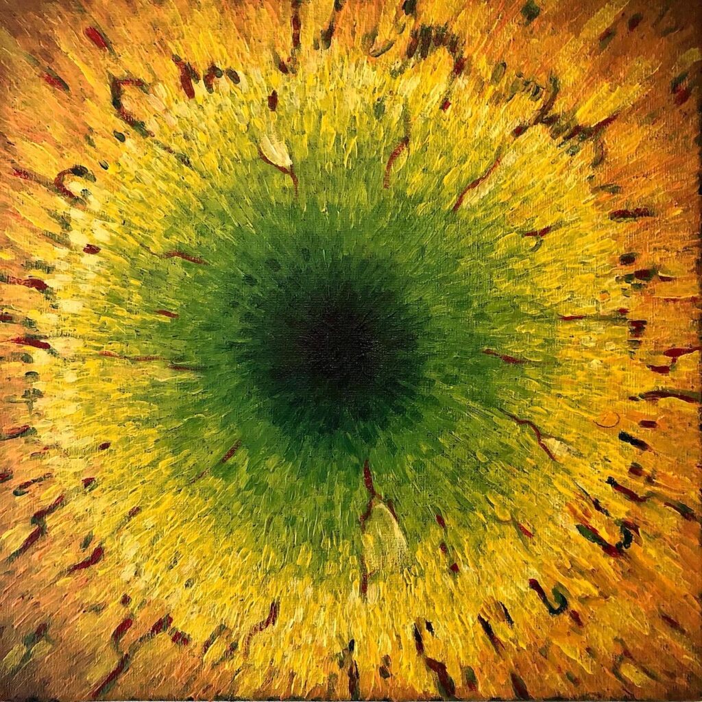 When practicing yoga and meditation I often see images in my minds eye. This painting represents the eye of the universe. It is constructed using brushes to paint acrylics on canvas.
Bij het beoefenen van yoga en meditatie zie ik vaak beelden. Dit schilderij vertegenwoordigt het oog van het universum. Het is geschilderd met acrylverf op canvas. 30 x 30 centimeter