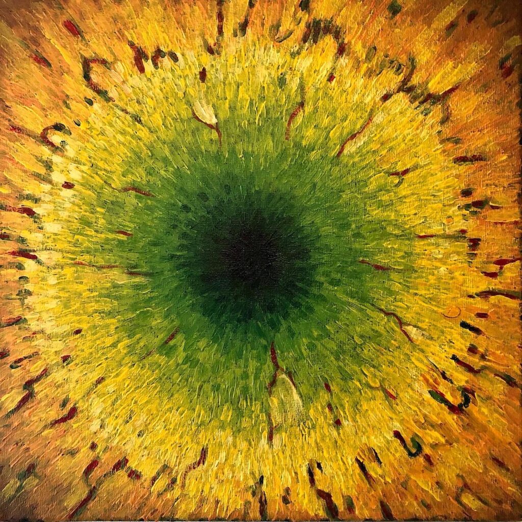 When practicing yoga and meditation I often see images in my minds eye. This painting represents the eye of the universe. It is constructed using brushes to paint acrylics on canvas.  

Bij het beoefenen van yoga en meditatie zie ik vaak beelden. Dit schilderij vertegenwoordigt het oog van het universum. Het is geschilderd met acrylverf op canvas. 30 x 30 centimeter

